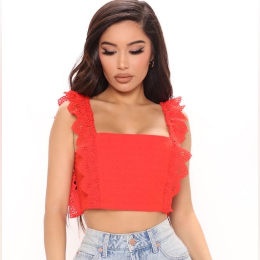 Fashion Nova Red Ruffled Textured Crop Tank Top